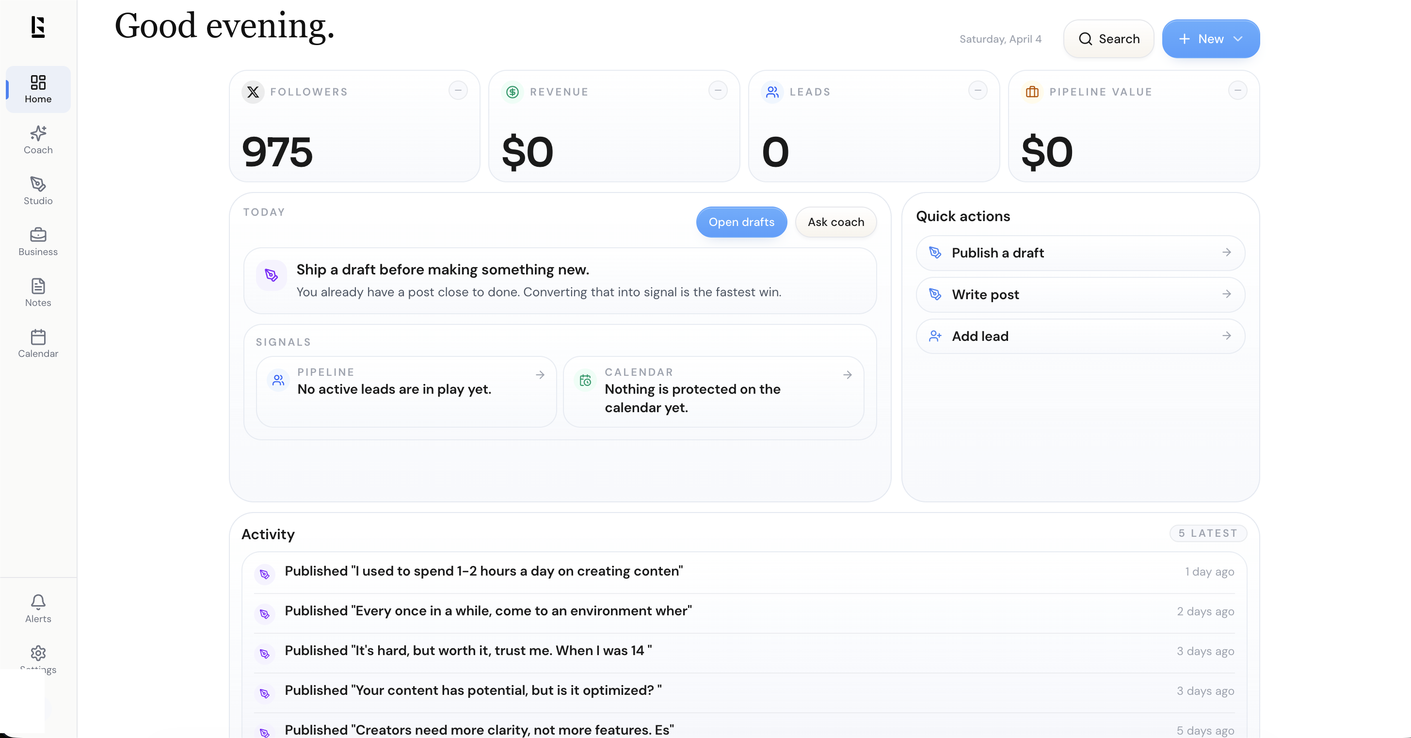 Brandzy workspace showing performance signals, pipeline context, quick actions, and daily priorities for a creator business on X